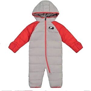 Nike Baby Fleece Lined Puffer Snowsuit Gray/Red Hooded Snowsuit, Size Newborn.